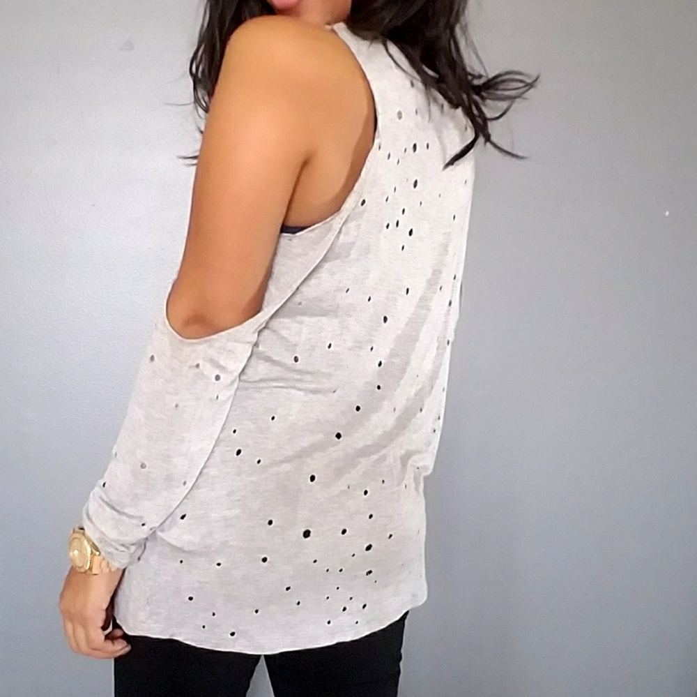 🍁BOGO🍁GRAY PERFORATED COLD SHOULDER TOP - Picture 4 of 6